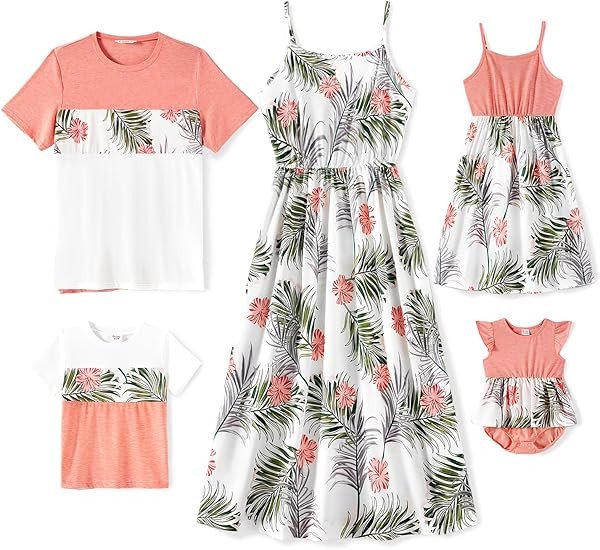 PATPAT Family Matching Outfits Mommy and Me Dresses Spaghetti Sleeveless Summer Vacation Hawaiian Dress and T-Shirts Sets