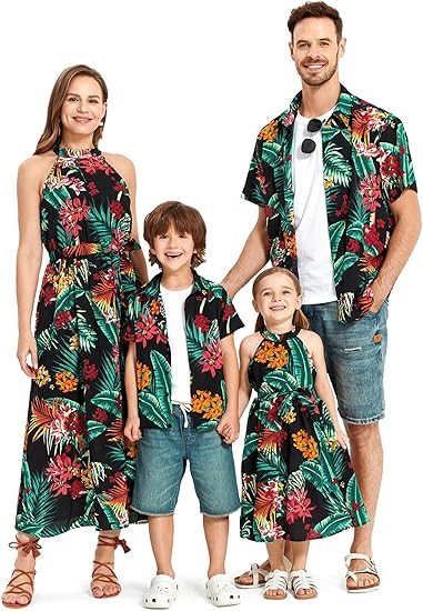 PATPAT Family Hawaiian Matching Outfits Mommy and Me Outfits Caribbean Vacation Summer Tropical Halter Sundresses and Shirts