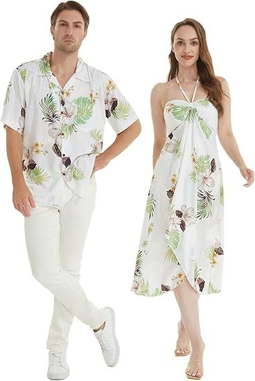 Matchable Couple Hawaiian Luau Shirt or Butterfly Dress in Pineapple Garden White