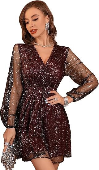 Floerns Women's Lantern Long Sleeve V Neck Mesh Cocktail Party Short Dress Without Belt