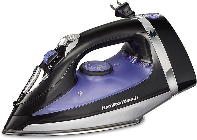 Hamilton Beach Steam Iron for Clothes & Garment Steamer with Smooth Press Stainless Steel Soleplate, 1200 Watts, 8’ Retractable Cord, Black (14214)