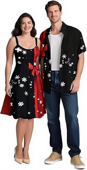 ROSE GAL Matchable Couples Christmas Costume Outfits 3D Gift Box Printed Hawaiian Men Shirt and Women Vintage Dress